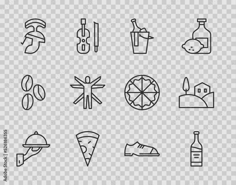 Poster Set line Covered with tray of food, Bottle wine, bucket, Slice pizza, Roman army helmet, Vitruvian Man, Men shoes and Village landscape icon. Vector