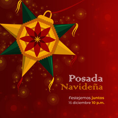 Tarjeta de invitación a posada navideña mexicana. Piñata de 7 picos con nochebuena en el centro y datos del evento. - obrazy, fototapety, plakaty