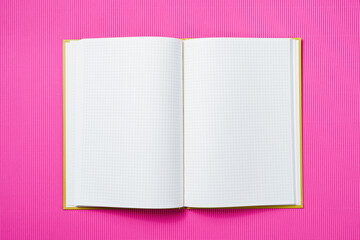 School notebook on a paper pink background, opened notepad and craft cardboard pen