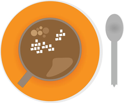 A cup of hot chocolate on an orange plate with a spoon.