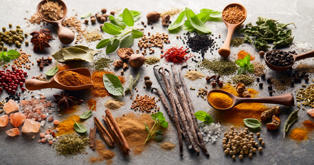 Herbs and spices in closeup on gray background