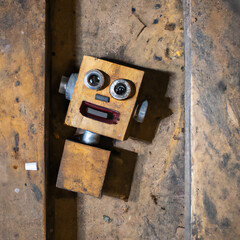 Cabeza de robot, creada artesanalmente con madera y piezas de metal, sobre tablero de madera. Actitud feliz. Arte digital Ilustracion. - obrazy, fototapety, plakaty
