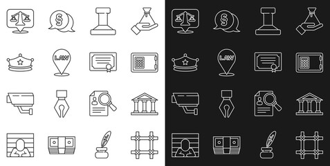 Set line Prison window, Courthouse building, Safe, Stamp, Location law, Police cap with cockade, Scales of justice and Certificate template icon. Vector