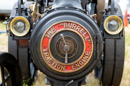 West Bay.Dorset.United Kingdom.June 12th 2022.A miniature Burrell traction engine is on display at the West Bay vintage rally