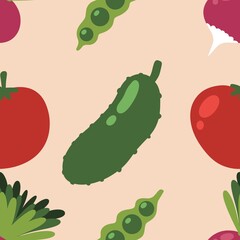 Naklejka premium Autumn harvest cartoon seamless tomatoes and cucumber and radish and peas pattern for wrapping paper