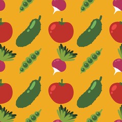 Autumn harvest cartoon seamless tomatoes and cucumber and radish and peas pattern for wrapping paper