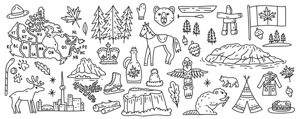 Canada vector travel symbols set. Collection of national canadian icons. Set of design elements in a flat style. Tourism. Vector concept for greeting cards, banners and posters. Line art - 526190184