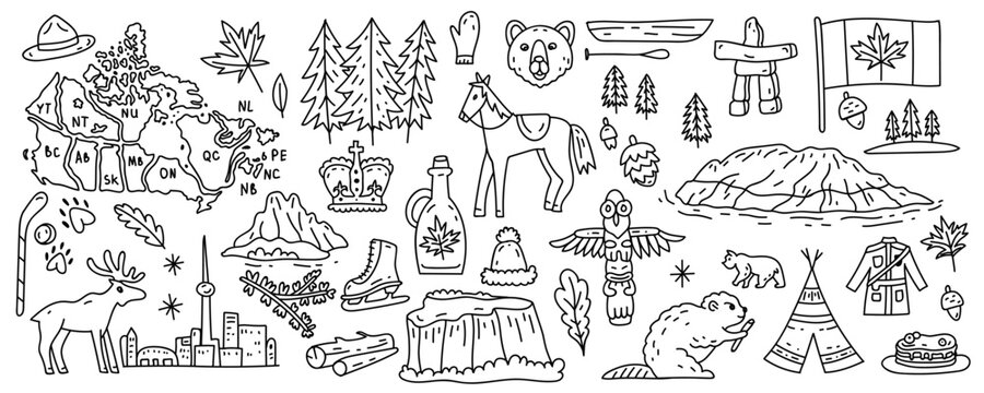 Canada vector travel symbols set. Collection of national canadian icons. Set of design elements in a flat style. Tourism. Vector concept for greeting cards, banners and posters. Line art