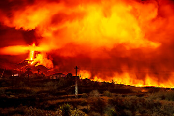 Erupting volcano, cumbre vieja, la Palma at night in December