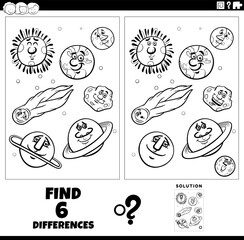 differences game with cartoon planets and orbs coloring page