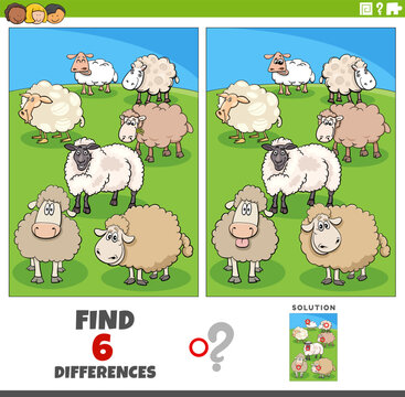 differences game with cartoon sheep farm animal characters