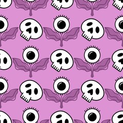 Fototapeta premium Halloween cartoon seamless sculls and eyes flower pattern for wrapping paper and fabrics