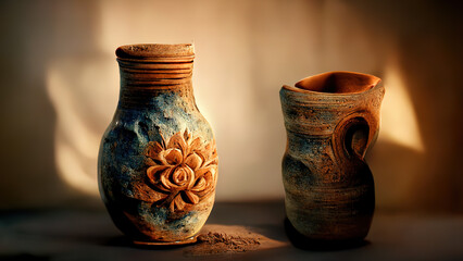 Handcrafted Antique vases. Baked clay or ceramic vases, clay jar. Vintage background.