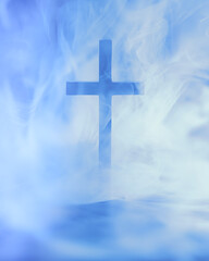 Christian cross in heavenly clouds, symbolizing heaven or spirituality.
