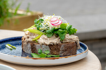 Selective focus of open sandwich in a plate with salad on top, Brown bread with mixed tuna and...
