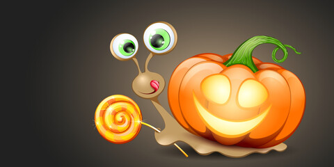 Funny cartoon Halloween snail with cute pumpkin and lollipop. 