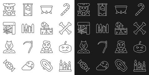 Set line Burning candle, Pumpkin, Crossed bones, Halloween witch cauldron, Garden fence wooden, Spider web, Witch and Castle, fortress icon. Vector