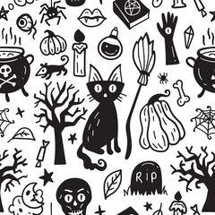 Monochrome seamless pattern of horror Halloween hand drawn doodle elements. Halloween background of magic elements. Pumpkins, ghost, skull, black cat, pot, hat.