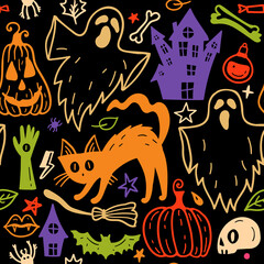 Bright seamless pattern of horror Halloween hand drawn doodle elements. Halloween background of magic elements. Pumpkins, ghost, skull, black cat, pot, hat.