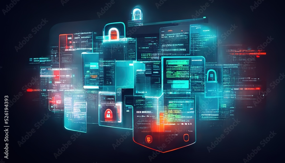 Poster Cyber security concept. Network security with padlock on screen. Hologram data screen. 3d render