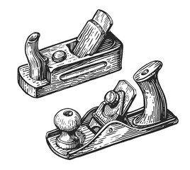 Woodworking tools. Joinery wooden planer, hand drawn sketch. Carpentry workshop concept. Vintage vector illustration