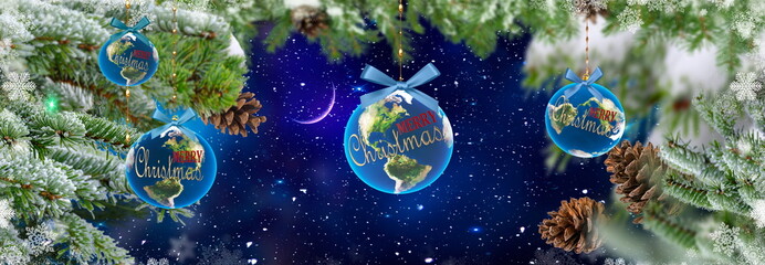 Obraz na płótnie Canvas Merry Christmas peace world tree and globe ball on starry blue night with moon on sky and snow flakes banner background template copy space 