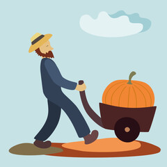 Large pumpkin on a garden cart vector illustration. A gardener carries a pumpkin on a cart. 