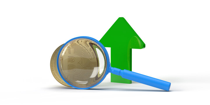 Bitcoin through magnifying glass, rising green arrow on white background with copy space. Cryptocurrency 3d render illustration. Stock Market exchange currency. Financial success and growth concept.