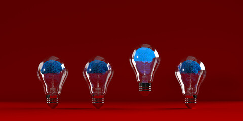 Brainstorming group of human brains inside electric light bulb on red background with copy space. 3D rendering realistic illustration of blue brain icon. Diverse object standing out from the crowd.