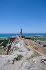 Van castle and Van lake with mosque minaret. Fortress built during the 9th to 7th centuries BC....