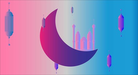 Colorful drawing of a waning crescent Moon with a building near floating lanterns