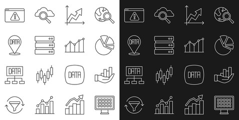 Set line Binary code, Pie chart infographic, Financial growth, Server, Data analysis, Browser with exclamation mark and icon. Vector