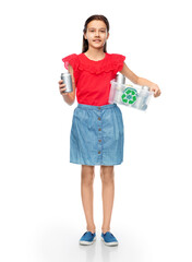 metal recycling, waste sorting and sustainability concept - smiling girl holding plastic box with tin cans over white background