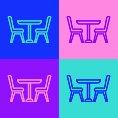 Pop art line Wooden table with chair icon isolated on color background. Vector