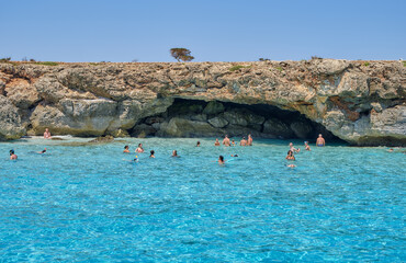 Menorca, Spain: Beautiful bay with sailing boat catamaran