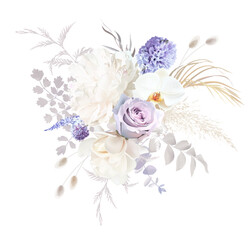 Pale purple rose, dusty mauve and lilac hyacinth, allium, white magnolia, orchid, lagurus, lavender