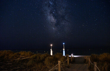 Menorca, Spain: Panoramic long exposure Night astrophotography. Milky Way over Son Bou beach, Menorca, Balearic Islands, Spain