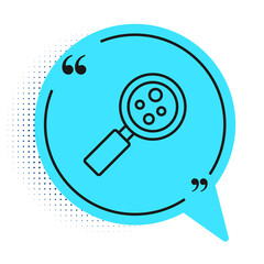 Black line Microorganisms under magnifier icon isolated on white background. Bacteria and germs, cell cancer, microbe, virus, fungi. Blue speech bubble symbol. Vector