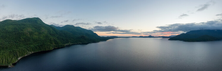Aerial Panoramic View of Kennedy Lake. Near Ucluelet and Tofino, Vancouver Island, BC, Canada. Nature Background.