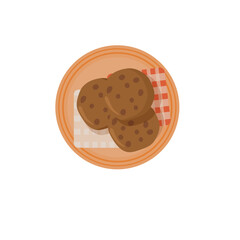 Top view vector illustration of chocolate chip cookies on a plate with a red-checkered napkin. Perfect for recipe design, bakery visuals, and sweet snack concepts.