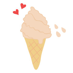 Melting soft ice cream or softy in waffle cone, hearts and drops on background, flat doodle raster