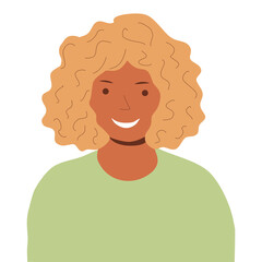 Young smiling girl with curly hair and brown skin type, flat raster portrait