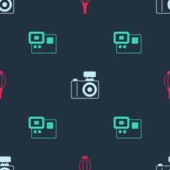 Set Dust blower, Photo camera and Action extreme on seamless pattern. Vector