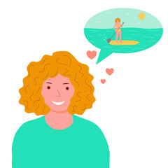 Young smiling girl with curly hair dreaming about summer and paddleboarding, flat raster