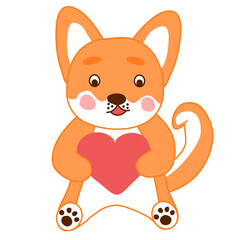 Kawaii style Corgi, shiba inu dog, sitting with heart, doodle raster