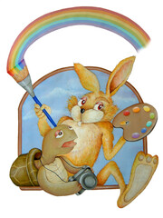 ウサギとカメは仲良し　アートな二人　手描き風