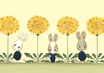 かわいい子ウサギとタンポポ　手描き風