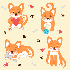 Set of Kawaii style Corgi, shiba inu dogs, sitting with heart, playing, eating bone, doodle raster