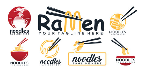 Collection of ramen noodle icon logo design for ramen restaurant with unique concept Premium Vector
