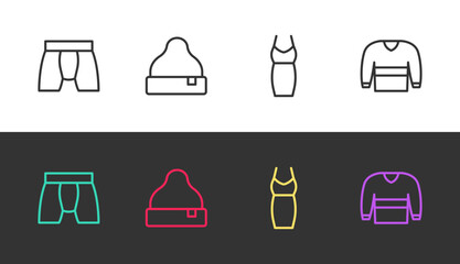 Fototapeta premium Set line Men underpants, Beanie hat, Woman dress and Sweater on black and white. Vector